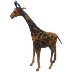 Sculpture de girafe haute en cuir antique