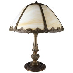 Vintage Art Nouveau Salem Brothers Dual Light Slag Glass Table Lamp, circa 1920