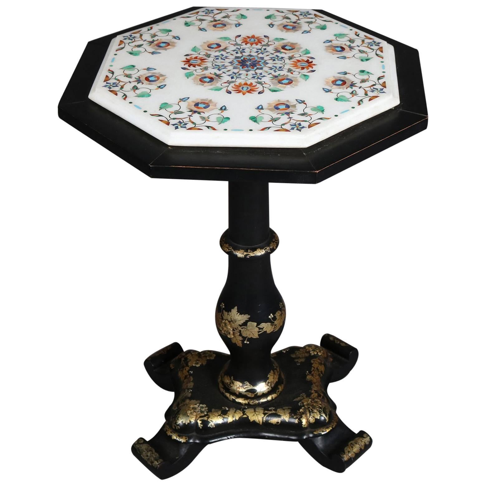 Antique Ebonized Stand with Grape Vine Gilt Motif and Marble Mosaic Inlay