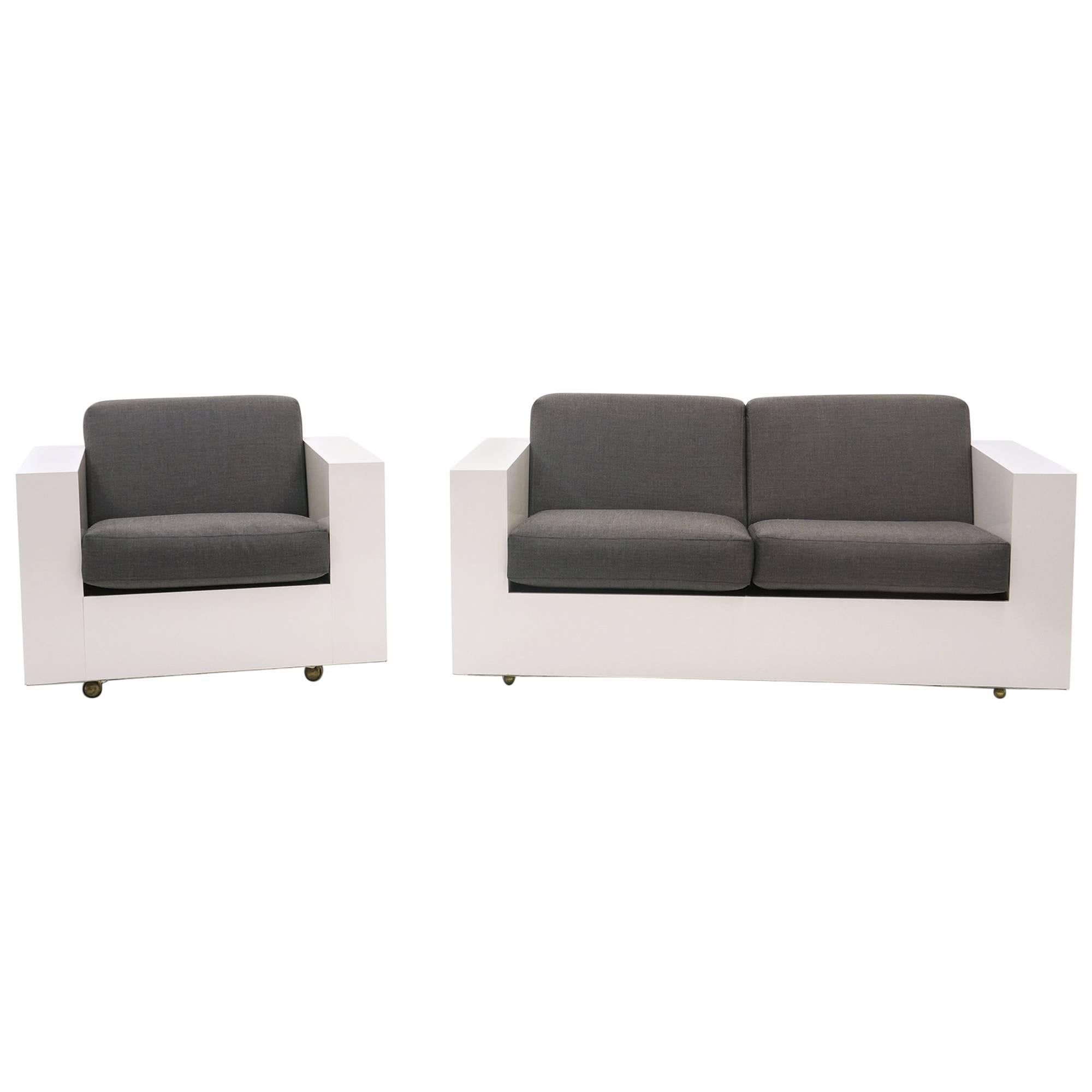 Loveseat and Chair by Milo Baughman for Thayer Coggin, White Laminate Case For Sale