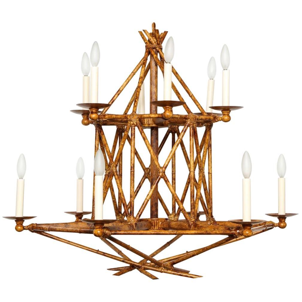 Newly Made Twelve-Light Faux Bamboo Chandelier by David Duncan