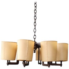 Vintage Eight-Light Iron Chandelier with Original Stitched Shades