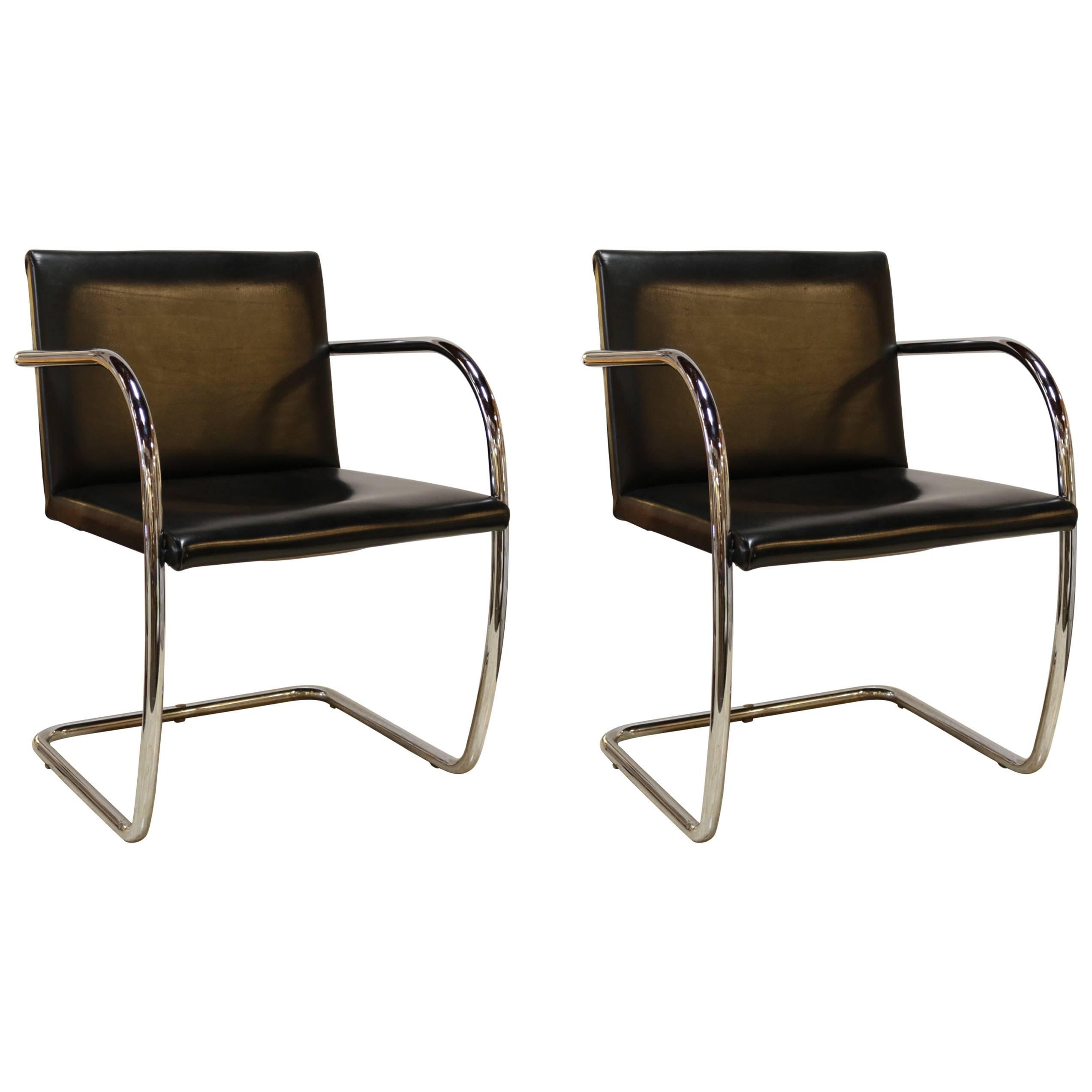 Pair of Black Leather and Chrome Brno Chairs by Mies van der Rohe