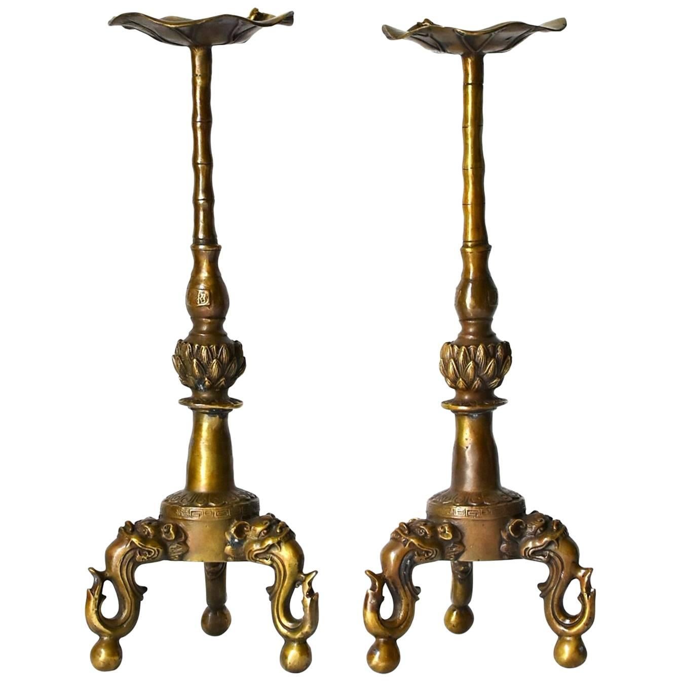 Pair of Brass Candle Holders with Lotus Leaf and Frog