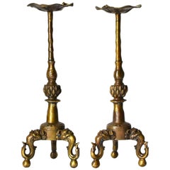 Vintage Pair of Brass Candle Holders with Lotus Leaf and Frog