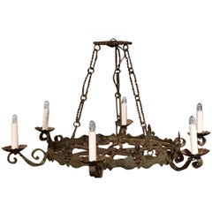 Early 20th Century French Six-Light Verdigris Iron Chandelier with Fleurs-de-Lys