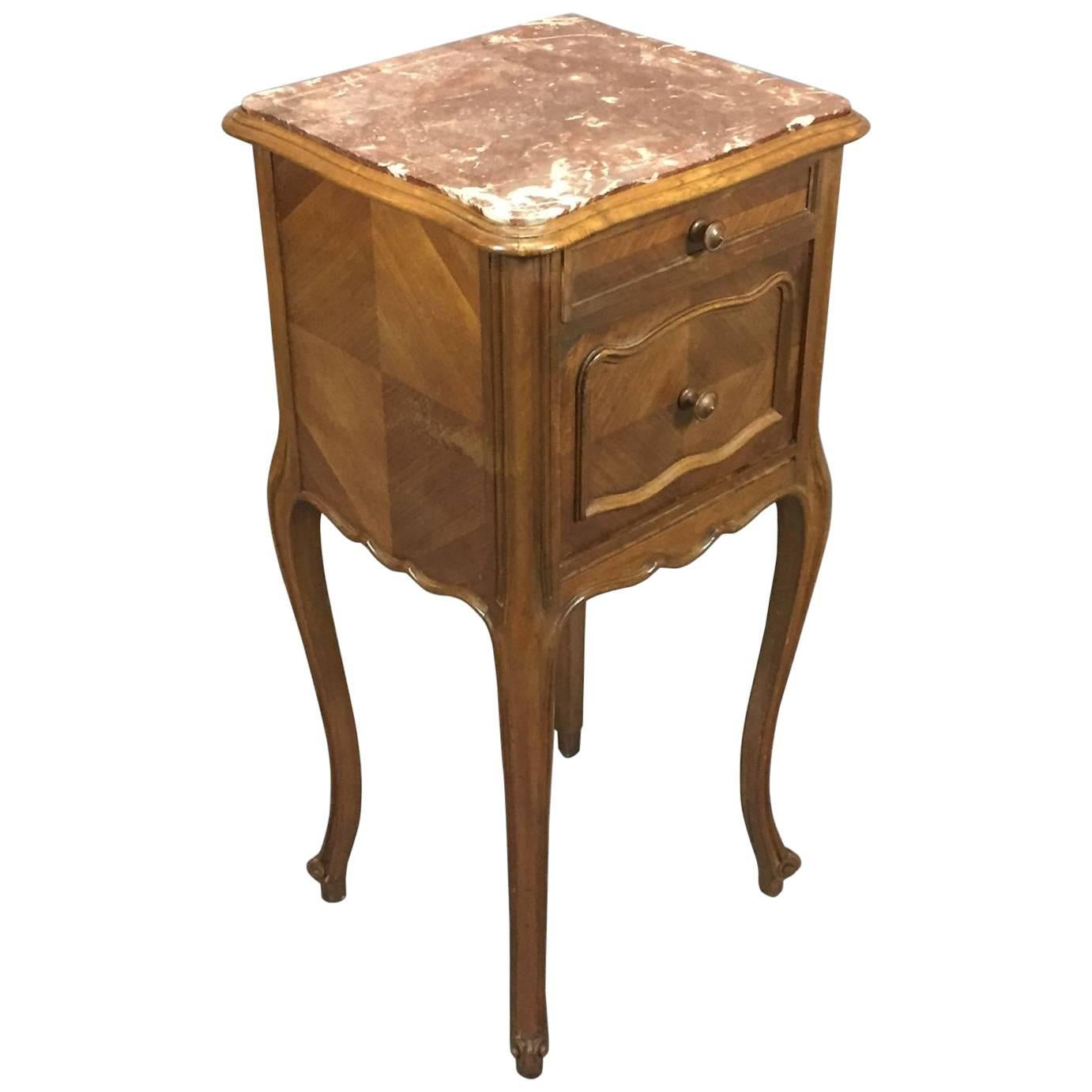 20th Century Walnut Marble-Top Louis XV Bedside Cabinet
