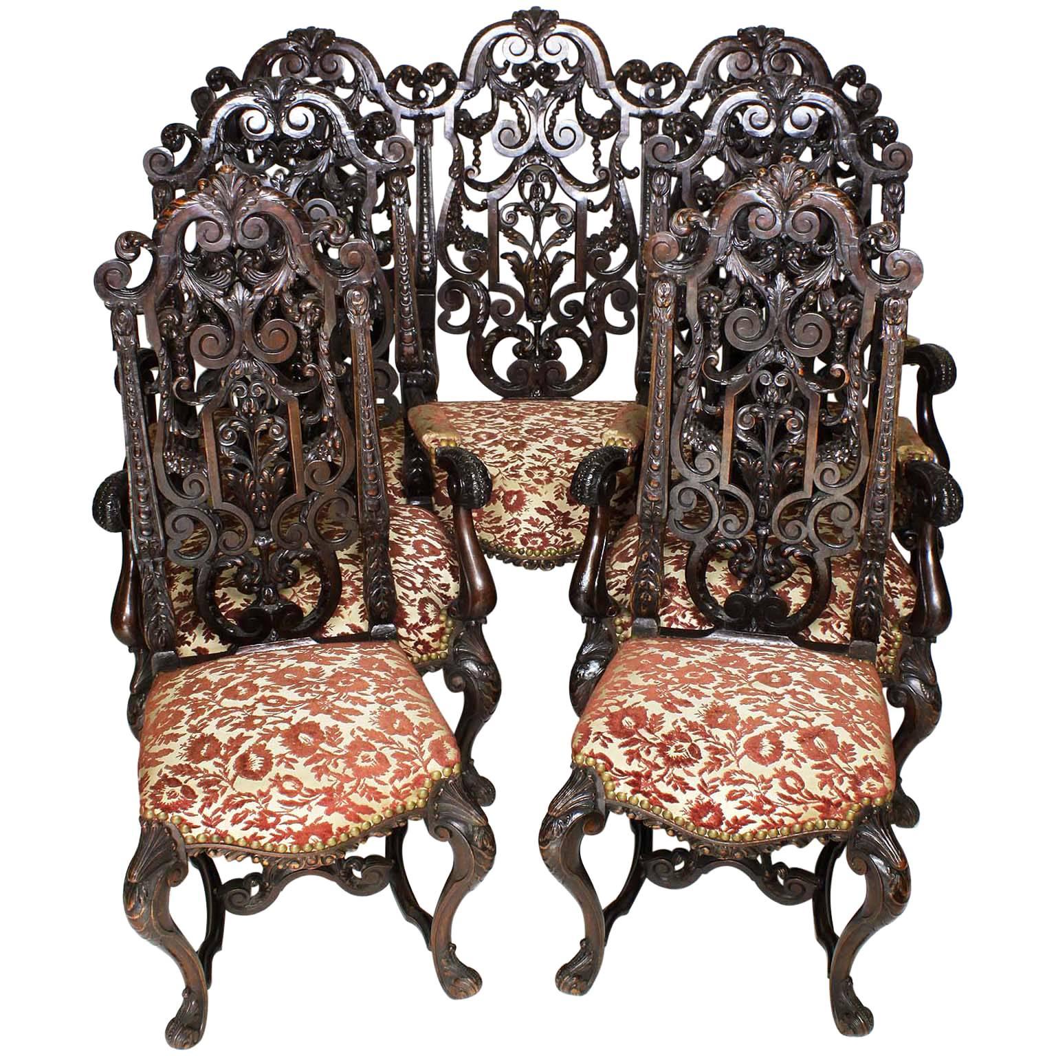 An Anglo-Dutch 19th Century Walnut Carved 5 Piece Parlor Set, After Daniel Marot For Sale