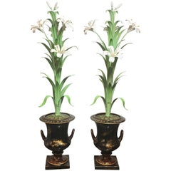 Pair of Italian Tole Mantle Urns with Tole Lilies