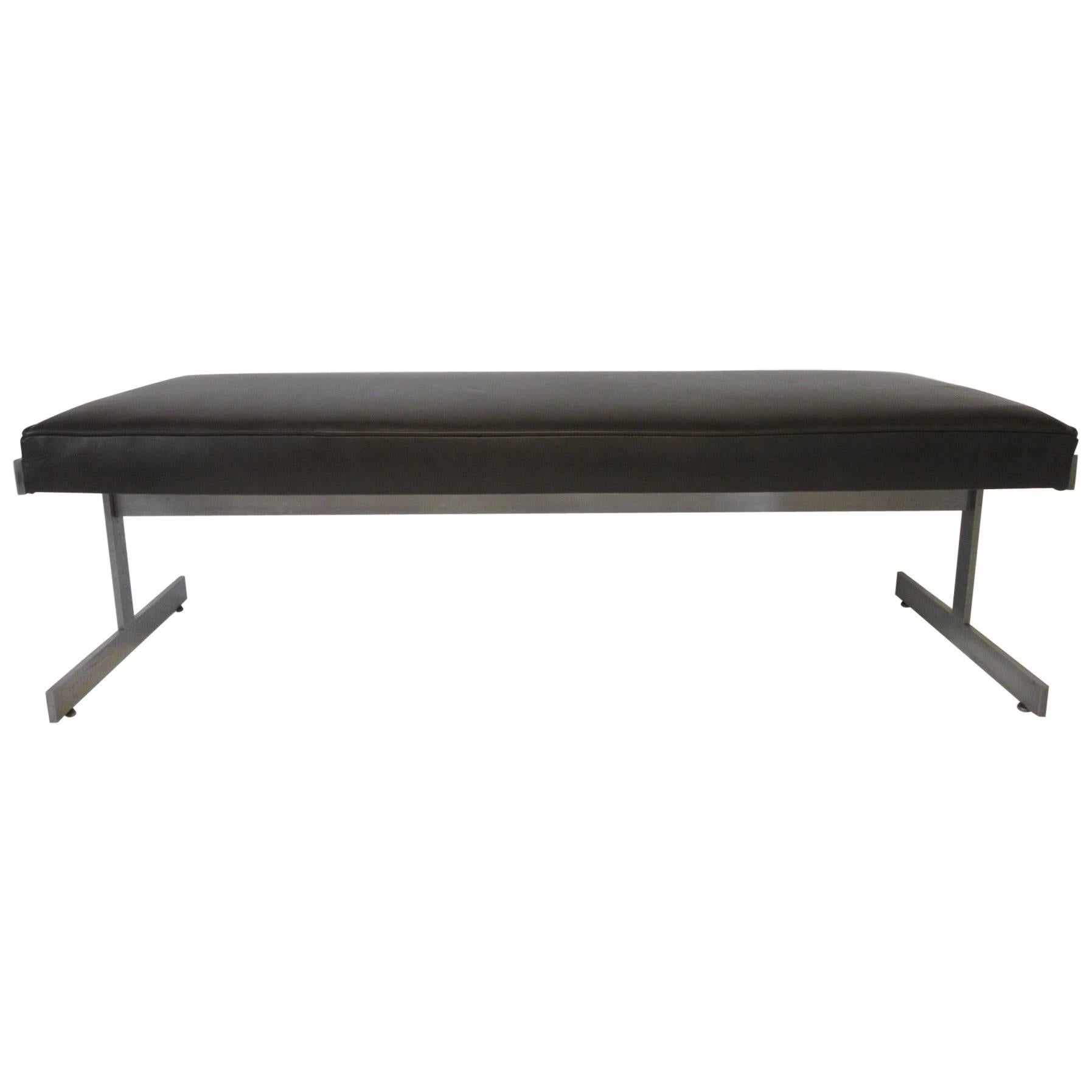 Leather Padded Stainless Steel Bench in the Style of Poul Kjaerholm