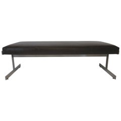 Leather Padded Stainless Steel Bench in the Style of Poul Kjaerholm