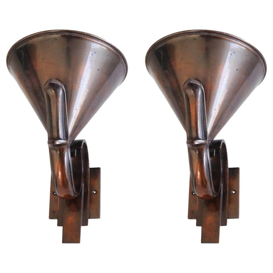 Pair of French High Art Deco Solid Bronze Torchiere or Uplighter Wall Sconces