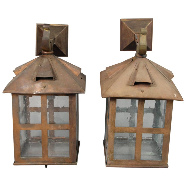 Large Scale Antique Pair of Copper Arts and Craft Wall Mounted Lanterns