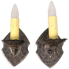 Pair of Antique 1920s Single Sconces with Beautiful Hammered Iron Work