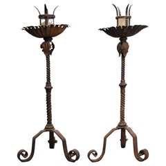 Antique Pair of 1920s Wrought Iron Tall Candlesticks