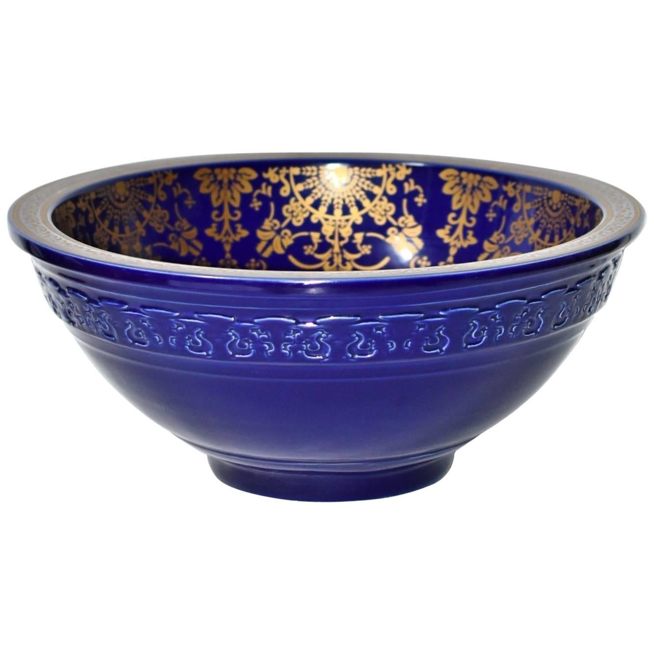 Cobalt Blue Ceramic Sink with Gold Flora