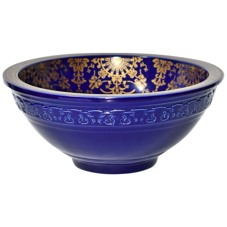 Cobalt Blue Ceramic Sink with Gold Flora at 1stDibs