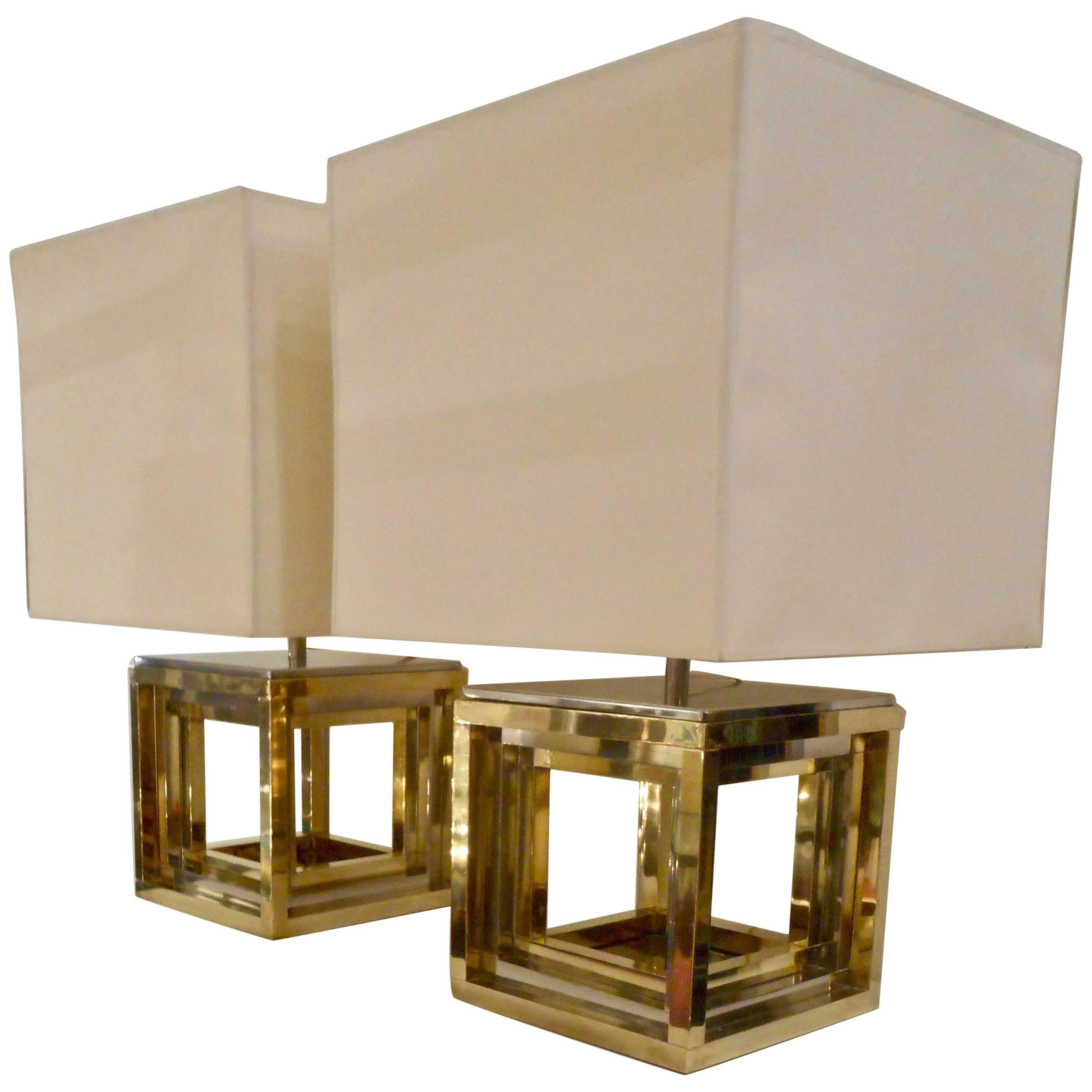 Fine Pair of 1970s Cubist Table Lamps Signed by Romeo Rega, Italy