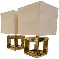 Fine Pair of 1970s Cubist Table Lamps Signed by Romeo Rega, Italy