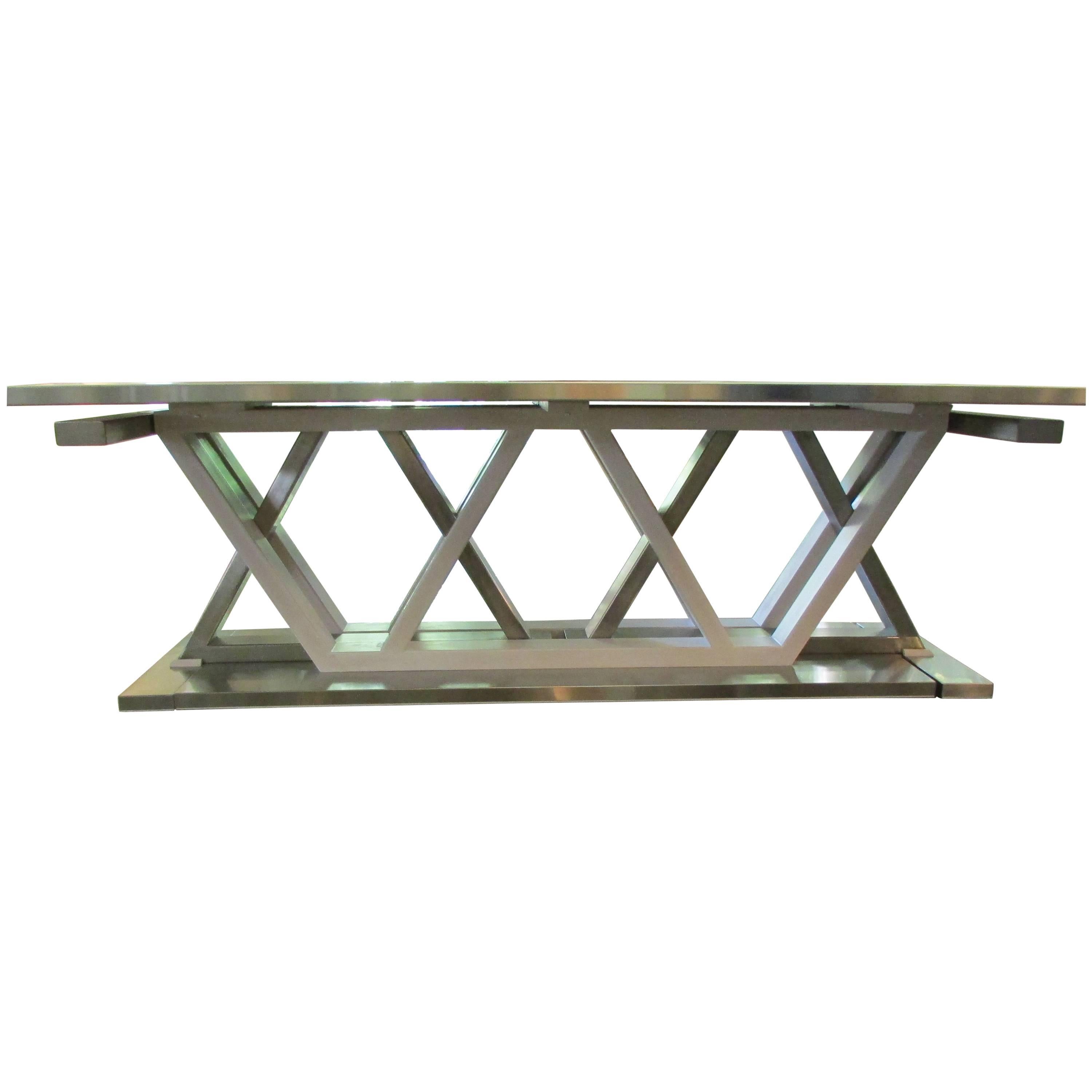 Modern, Contemporary, Stainless Steel and Wood Pedestal Dining Room Table For Sale