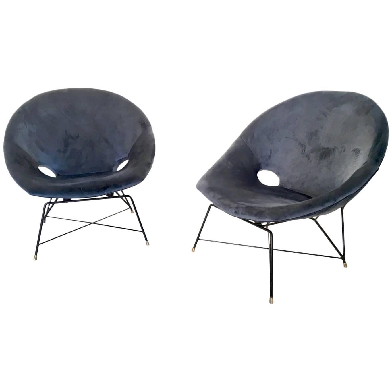 Pair of Blue Velvet Lounge Chairs by Augusto Bozzi for Saporiti, Italy, 1950s