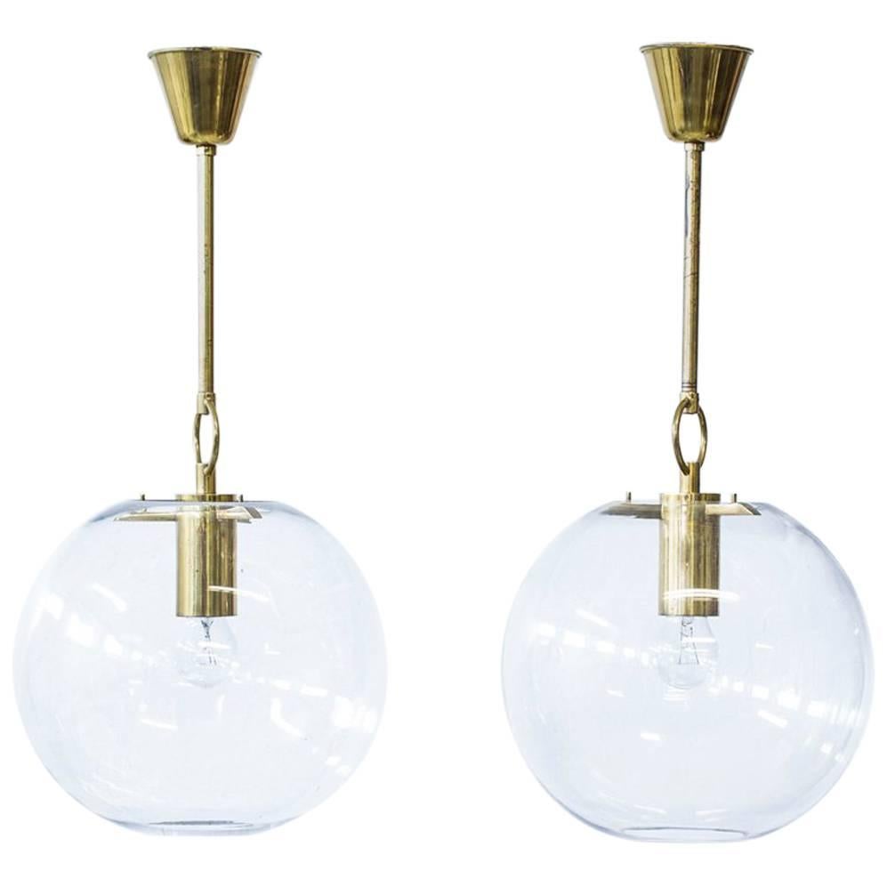 Scandinavian Modern Pair of Glass & Brass Pendant Lamps by Hans-Agne Jakobsson