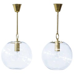 Scandinavian Modern Pair of Glass & Brass Pendant Lamps by Hans-Agne Jakobsson