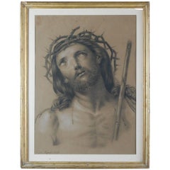 19th Century Pencil and Pastel Drawing of Jesus Christ in His Crown of Thorns