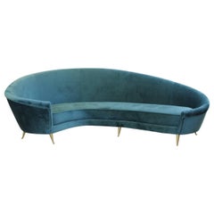 1950s Italian Curved Sofa, New Upholstery and Small Typical Brass Feet