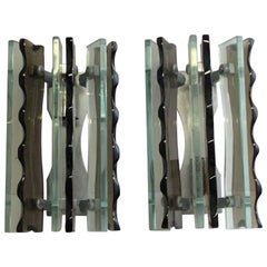 1980s French Pair of Mid-Century Modern Style Chrome and Glass Wall Sconces