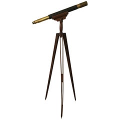 English 19th Century Astronomical Telescope in Brass on Wooden Tripod