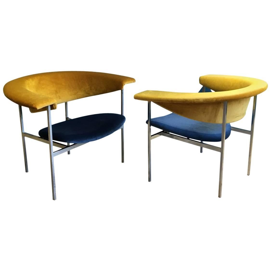 Pair of Reupholstered Dutch Rudolf Wolf Meander Gamma Chairs in Blue and Gold