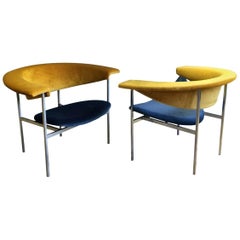 Pair of Reupholstered Dutch Rudolf Wolf Meander Gamma Chairs in Blue and Gold