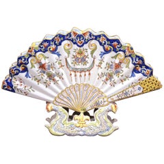 19th Century French Hand-Painted Ceramic Fan Bouquetiere from Rouen