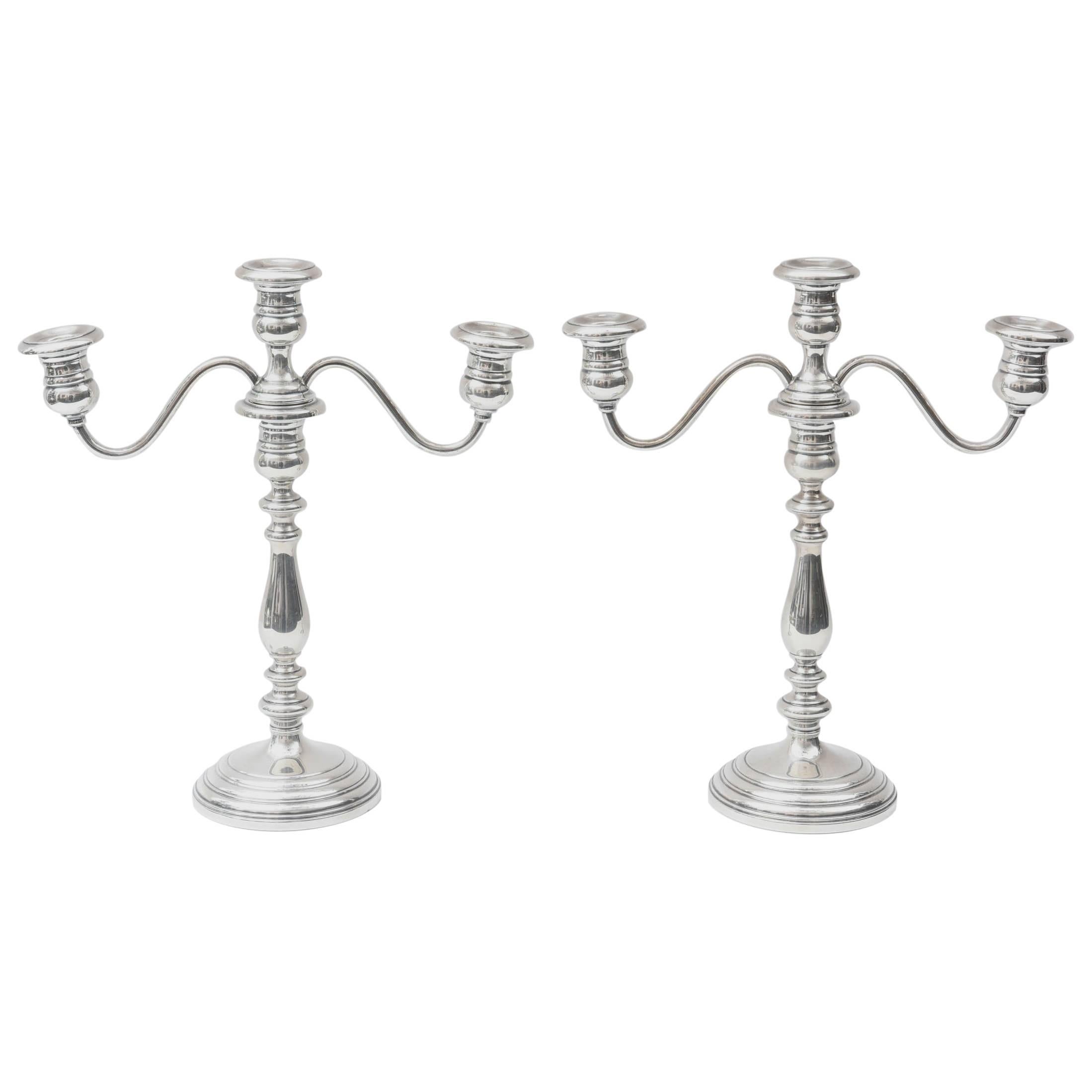 Pair of Sterling Candelabra, Nice and Tall, Scroll Arm and Stepped Base