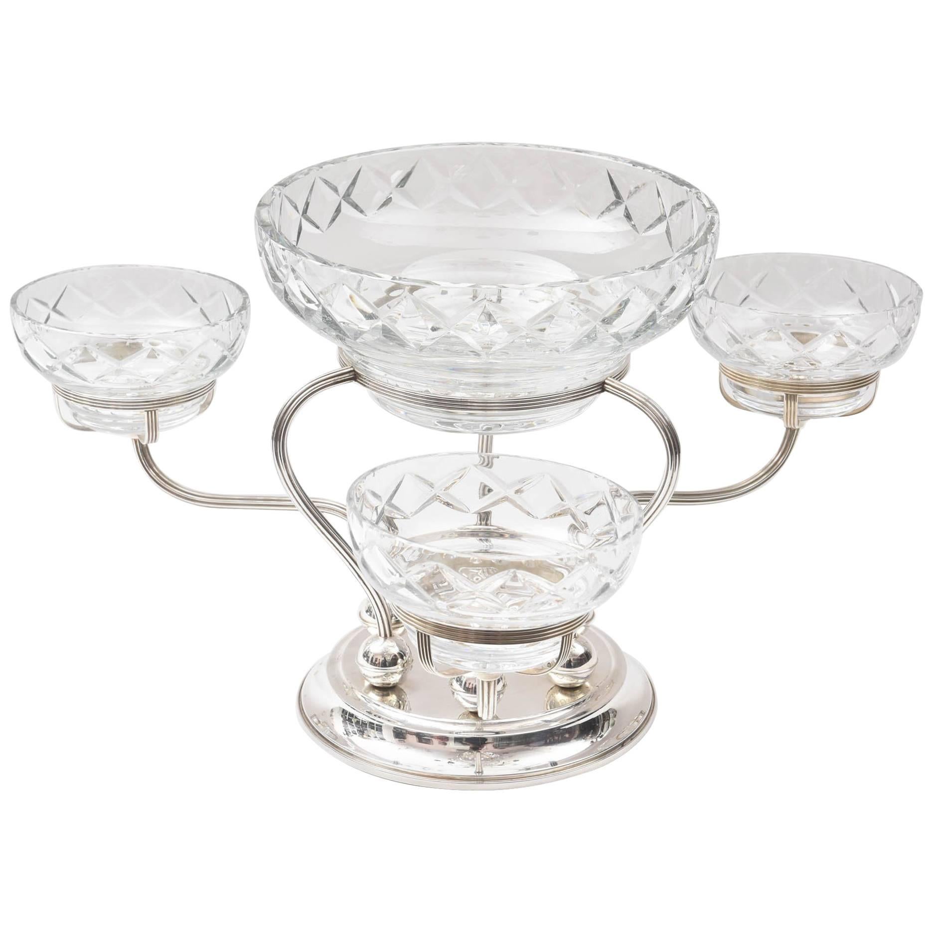 Sterling and Cut Crystal Centrepiece or Epergne, Three-Arm with Centre Bowl