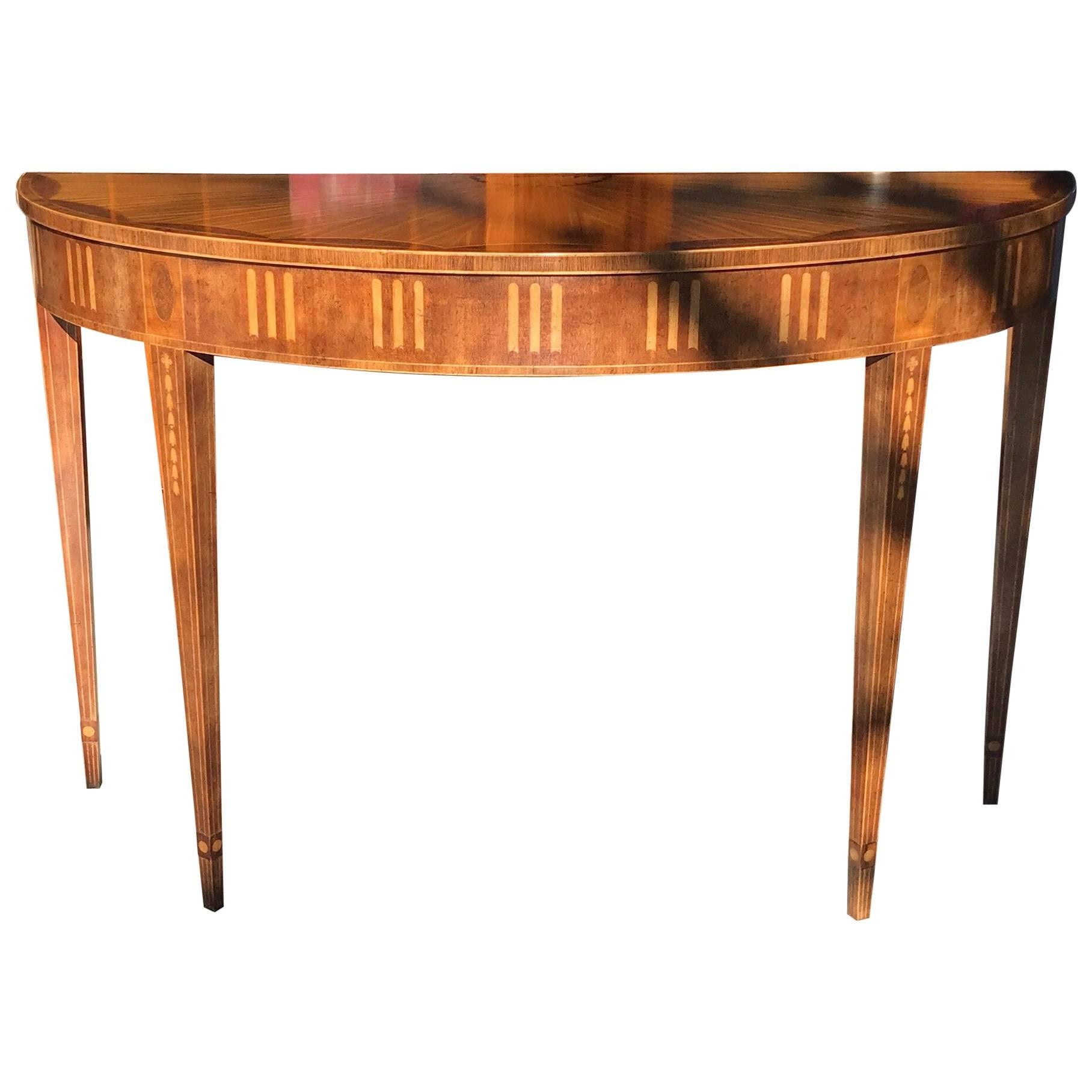 English Adam Style Inlaid Demilune Console Table by Baker