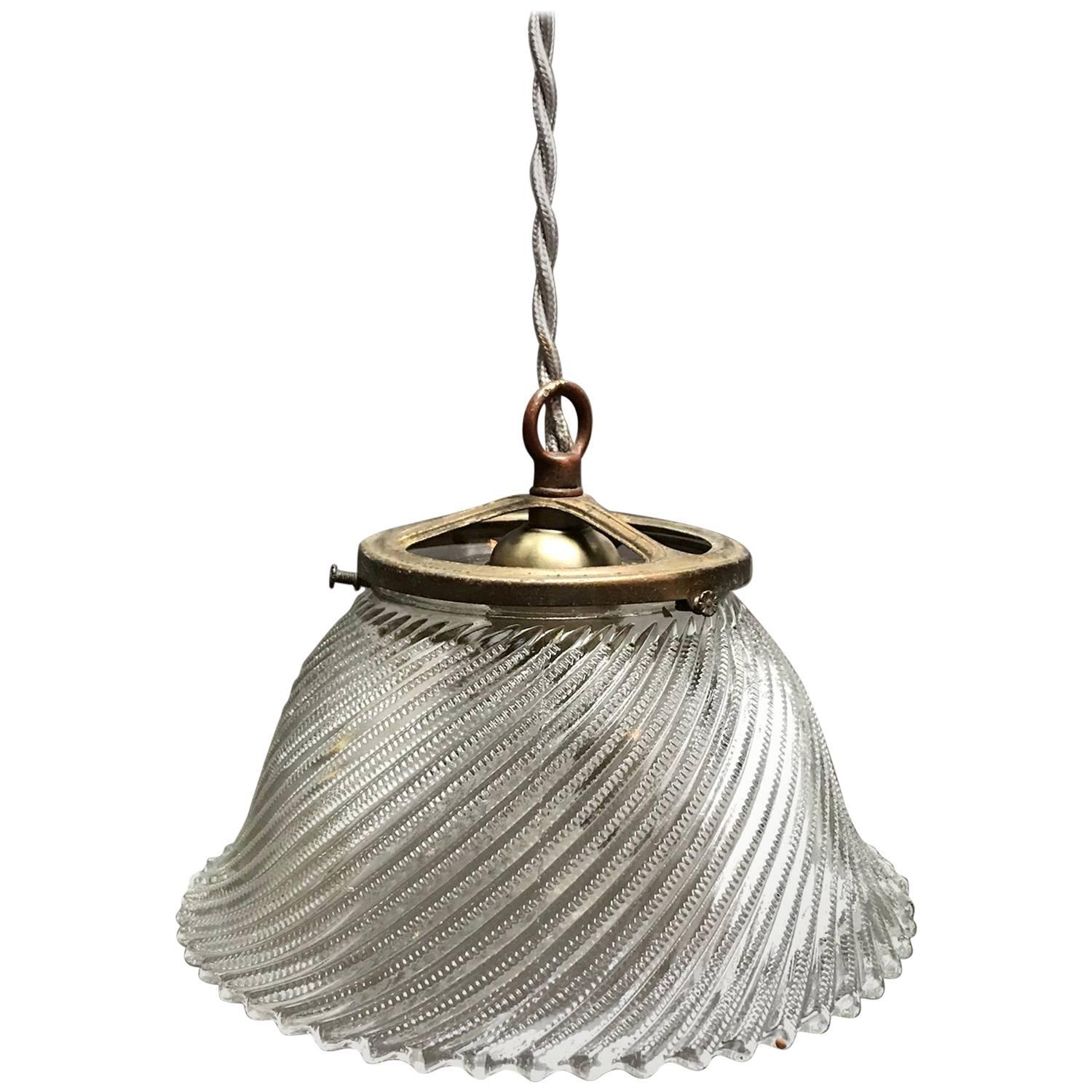 Industrial Swirled Holophane Glass Bell Pendant Light