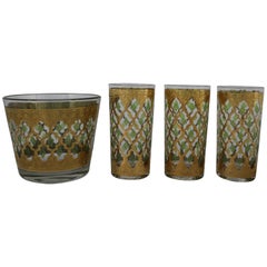 Retro Culver Valencia Ice Bucket Three Highball Cocktail Glasses Mid-Century Modern