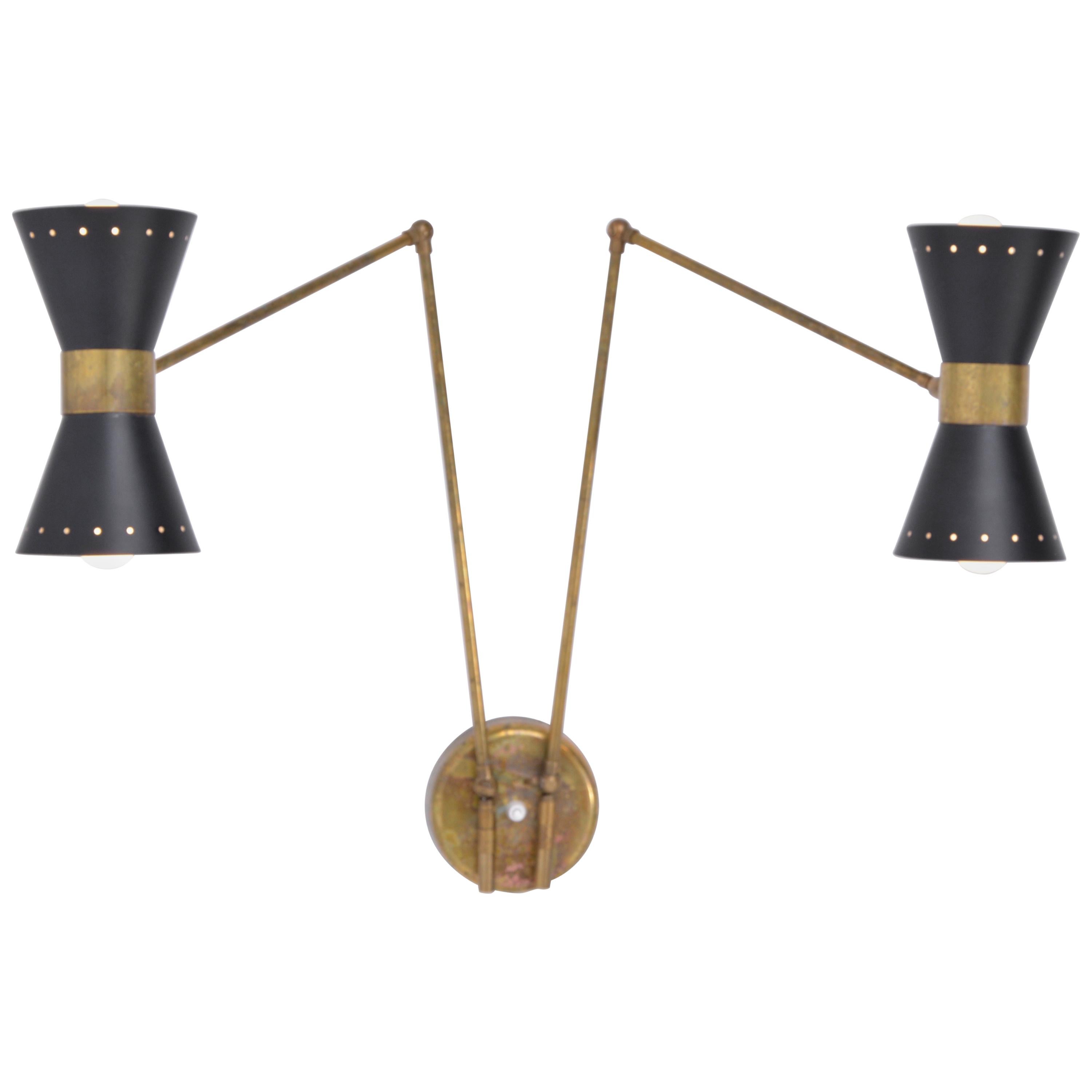 Italian Two-Armed Adjustable Metal Wall Lamp with Brass Elements