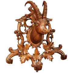 19th Century Swiss Carved Walnut Black Forest Hat Rack with Glass Eyes Deer