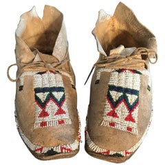 Antique Fine Native American Pair Fully Hand Beaded Moccasins, 19th Century