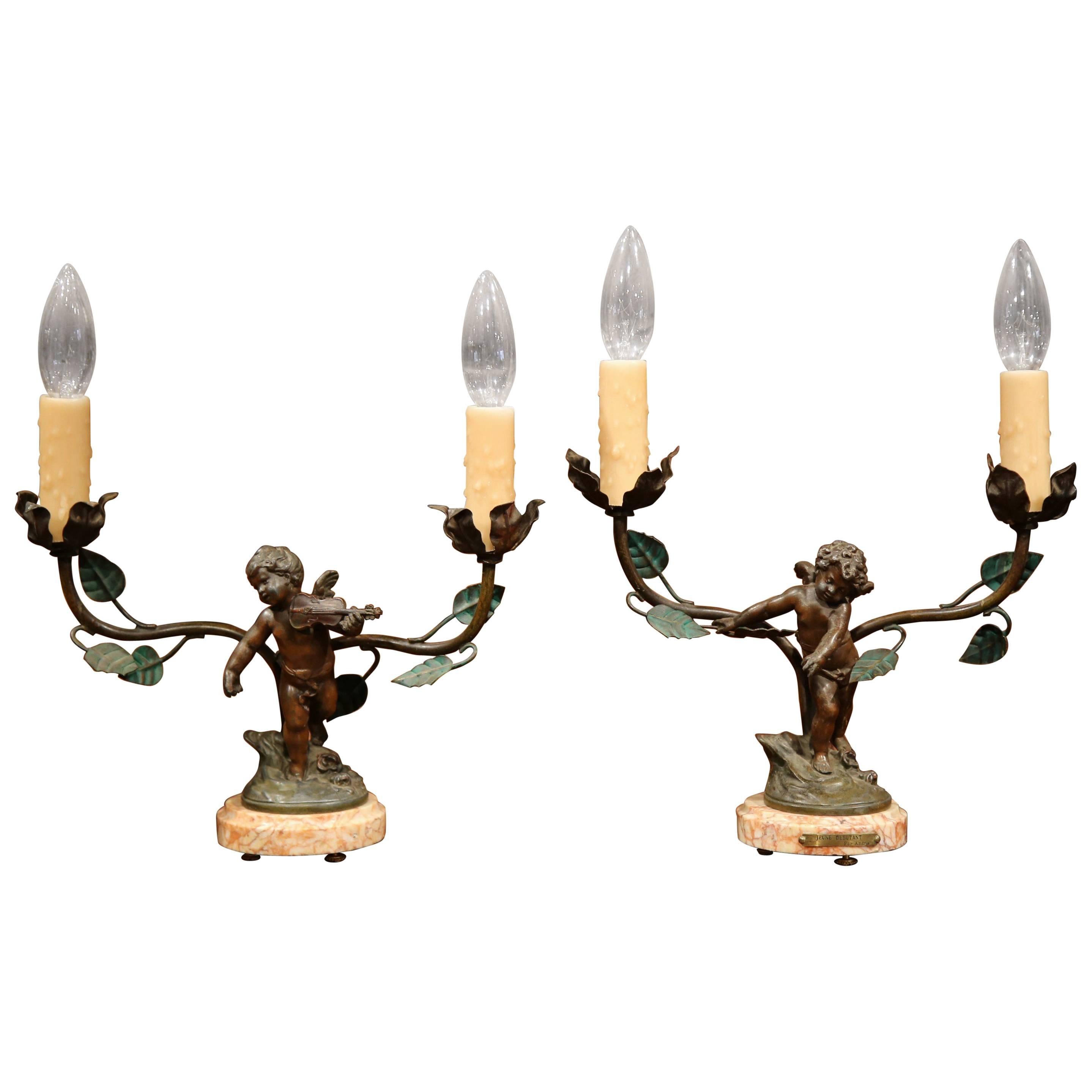 Pair of 19th Century, French Spelter Cherubs Table Lamps on Marble Bases