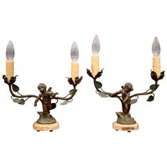 Antique Pair of 19th Century, French Spelter Cherubs Table Lamps on Marble Bases