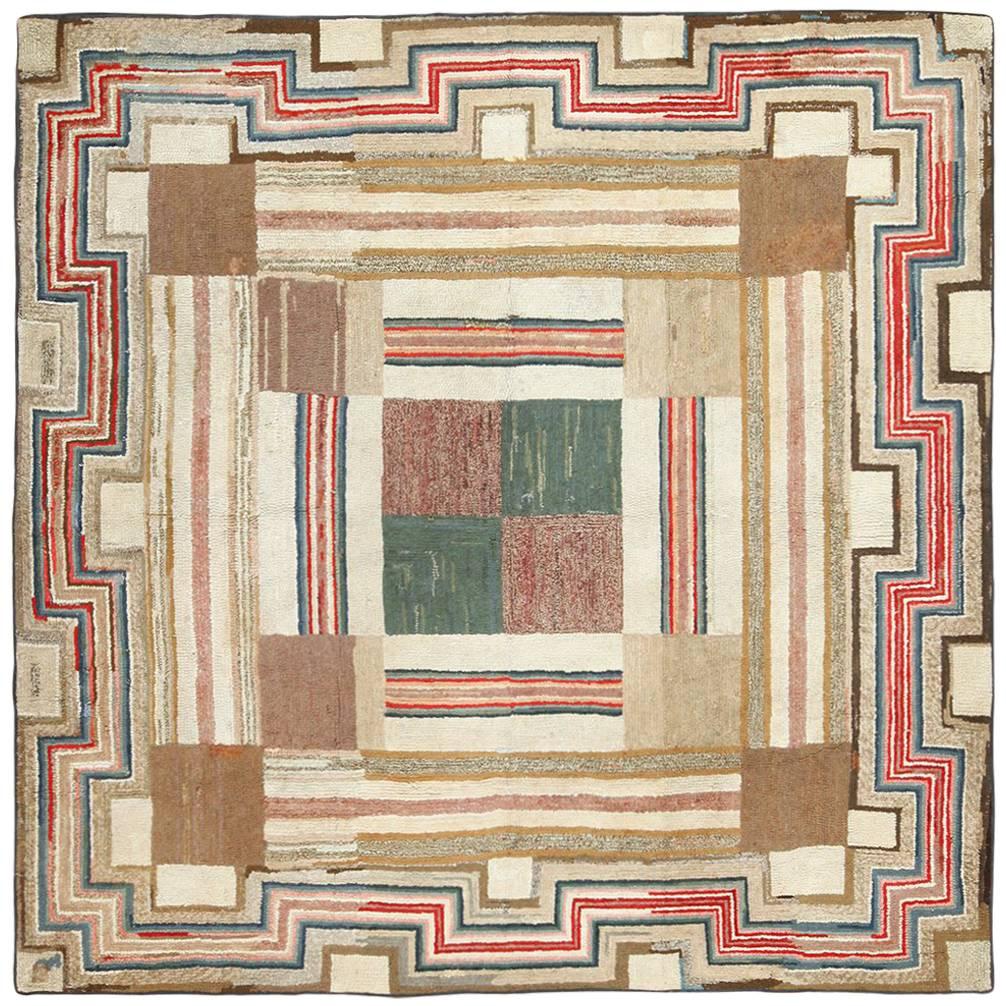 Colorful Antique Square American Hooked Rug