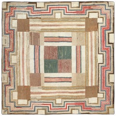 Colorful Vintage Square American Hooked Rug