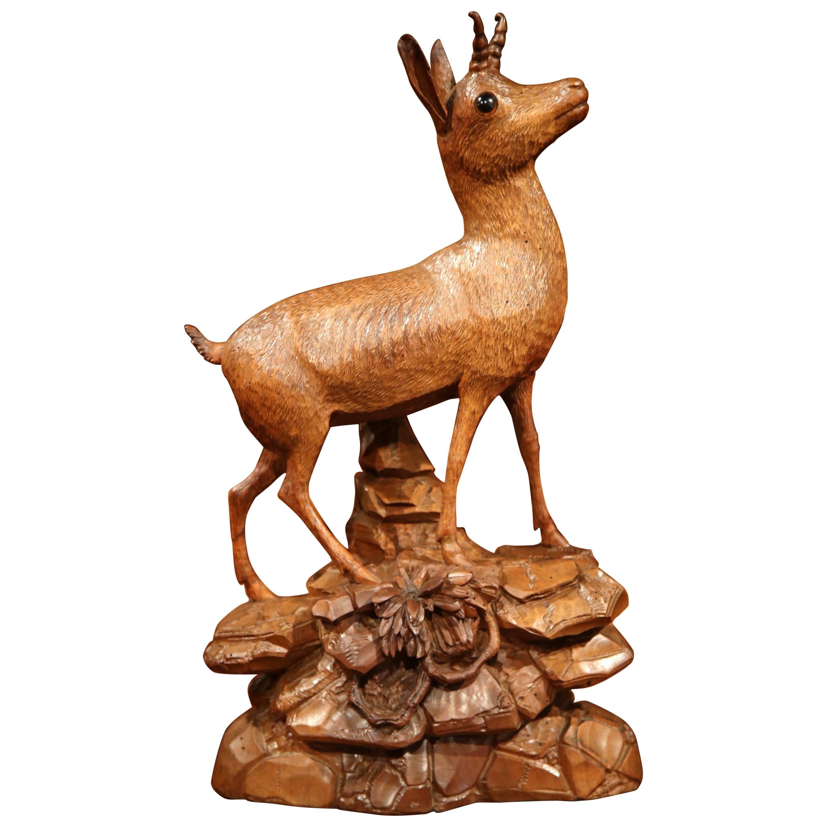 19th Century Swiss Carved Walnut Black Forest Deer Sculpture with Glass Eyes