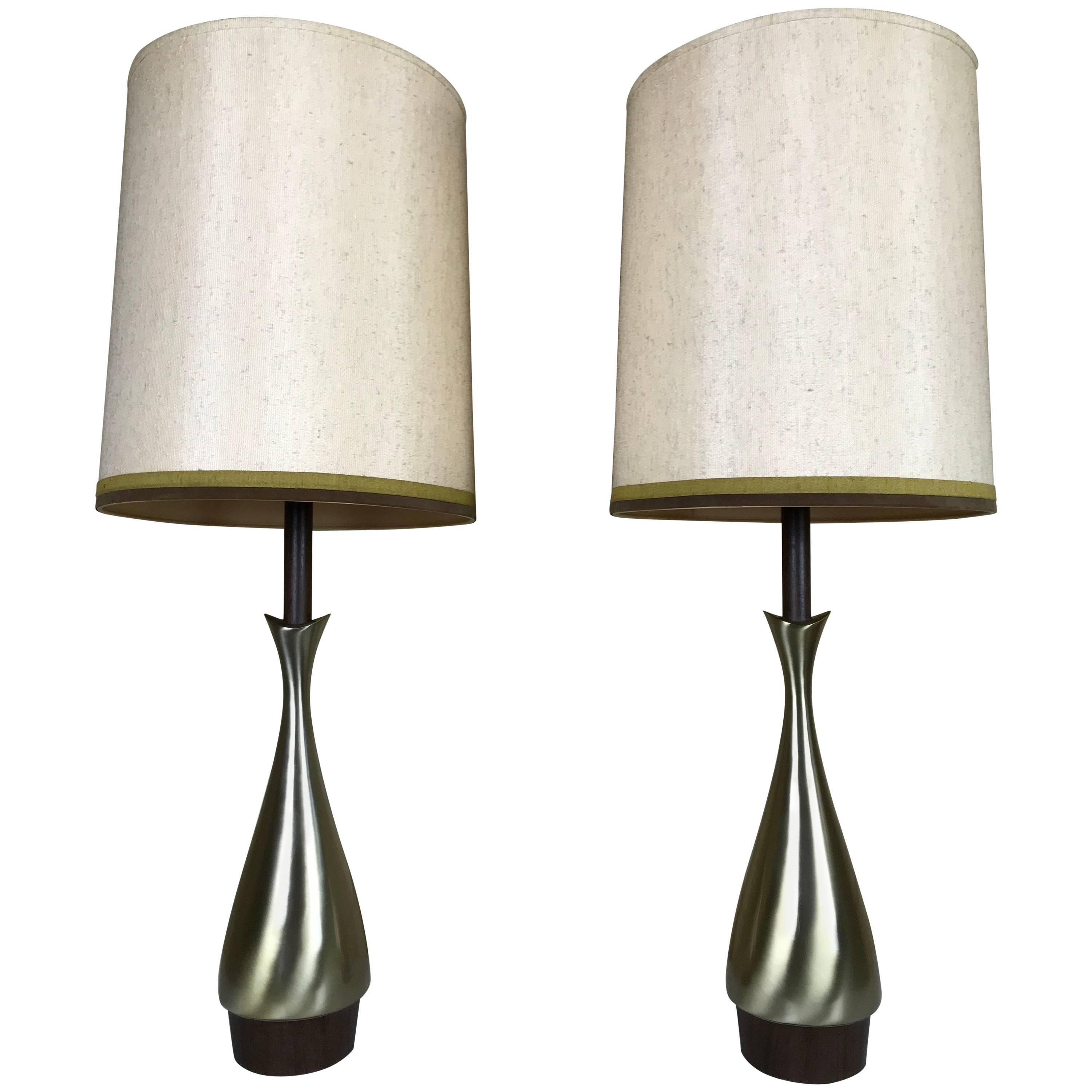 Pair of Modernist Fluted Brass and Wood Tables Lamps by Laurel Lamp Co.