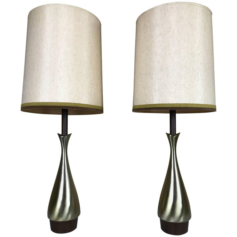 Pair of Modernist Fluted Brass and Wood Tables Lamps by Laurel Lamp Co