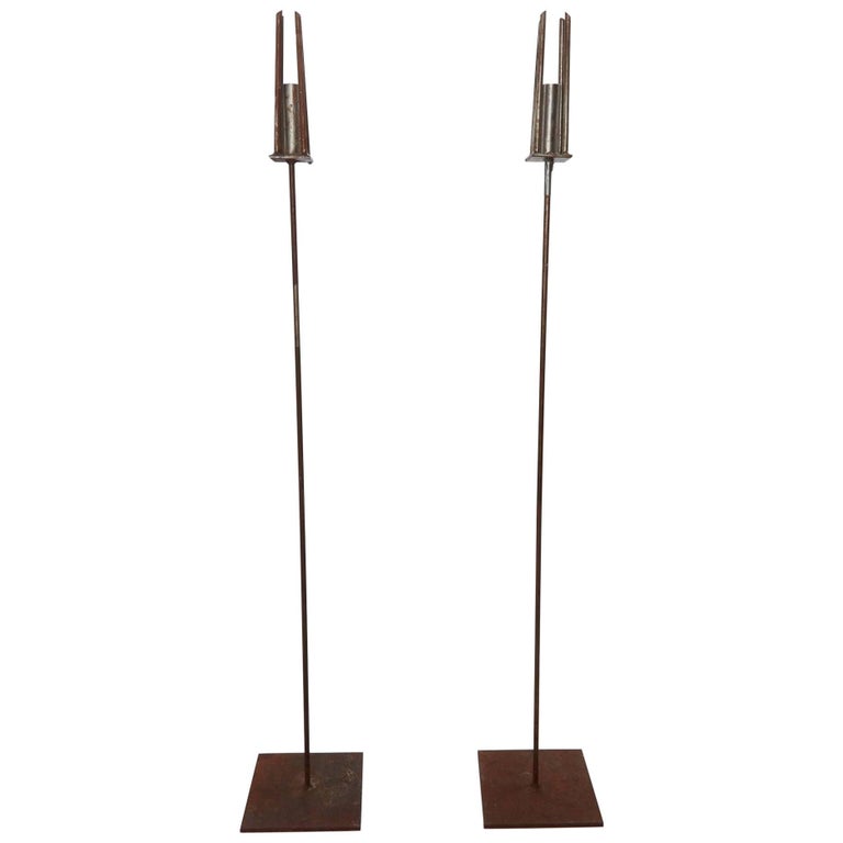 20th Century Pair of Tall / Floor Iron Candlesticks at 1stDibs